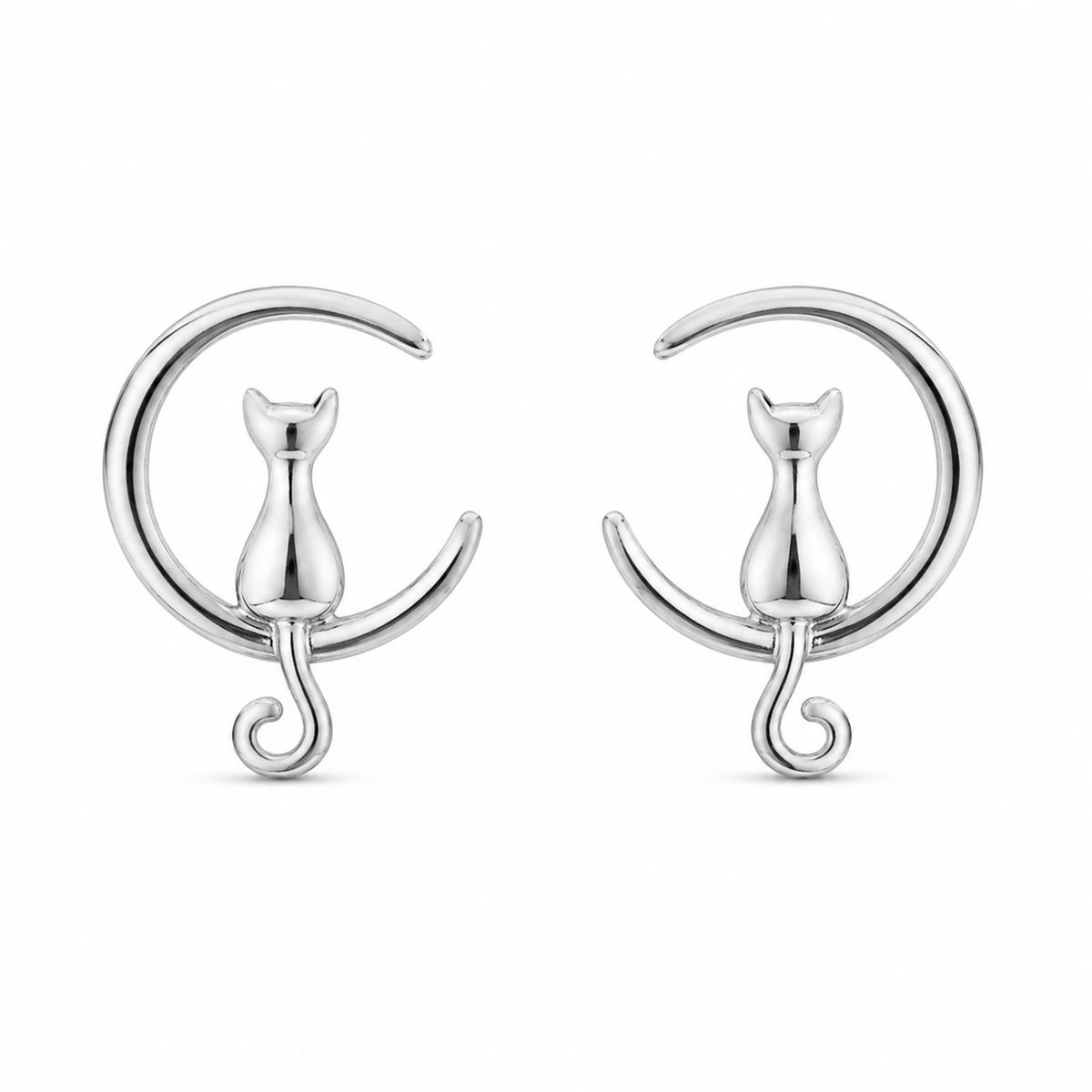 Sterling Silver Cat On Moon Stud Earrings