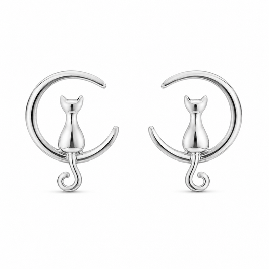Sterling Silver Cat On Moon Stud Earrings