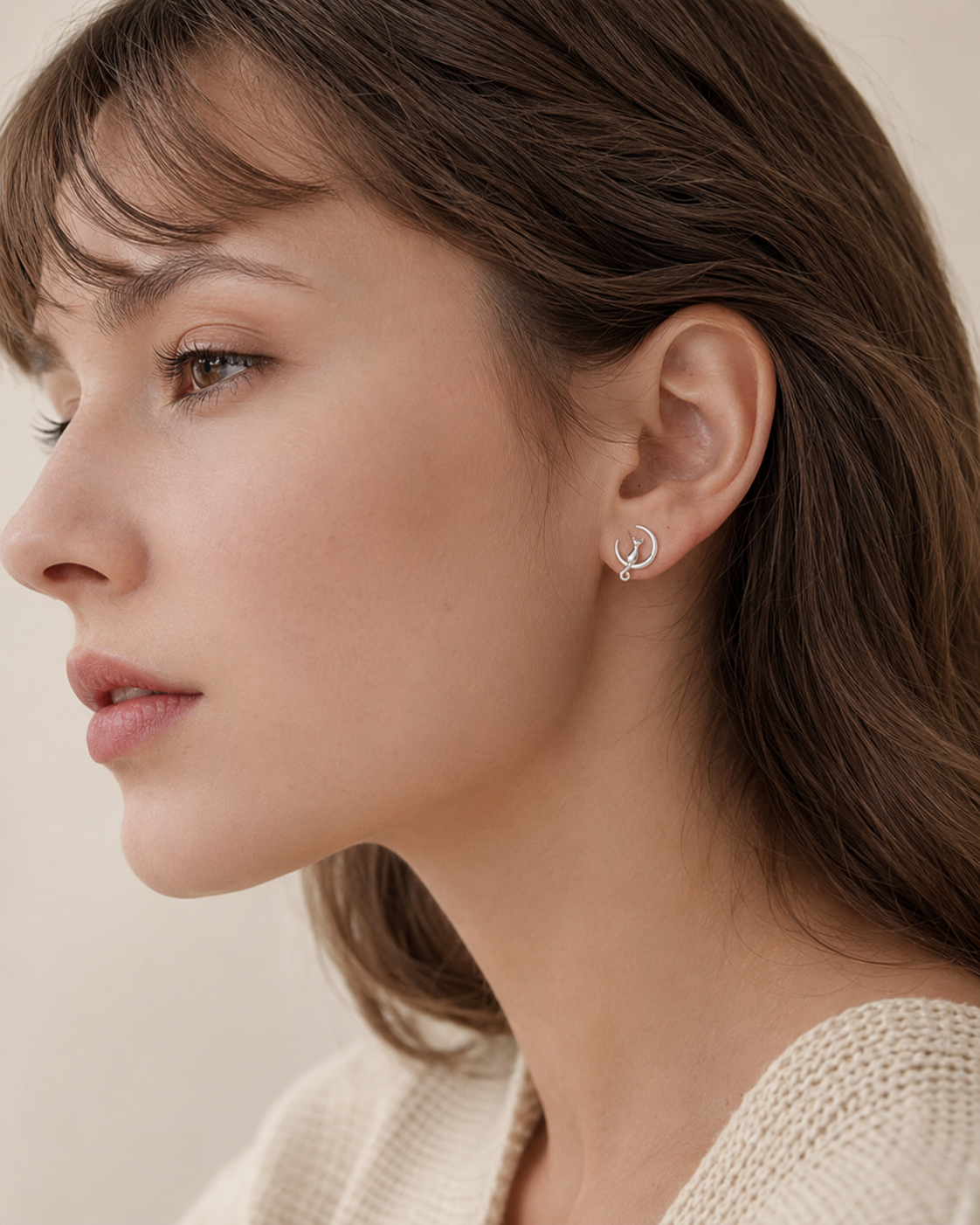 Sterling Silver Cat On Moon Stud Earrings