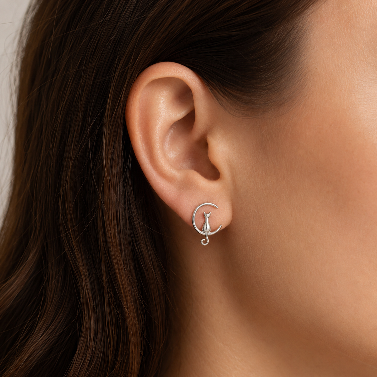 Sterling Silver Cat On Moon Stud Earrings