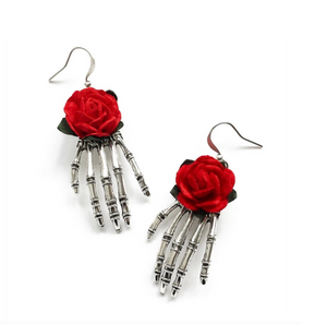 Silvertone Skeleton Hand & Red Rose Earrings