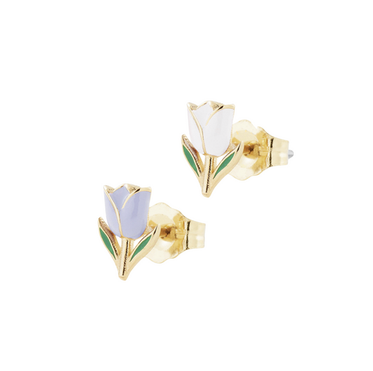 Set Of 2 Purple White Tulip Stud Earrings