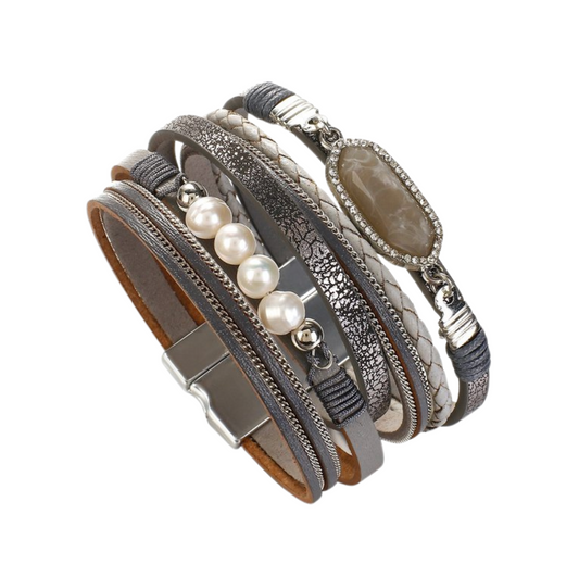 Dark Grey Faux Leather Freshwater Pearl Layered Bracelet