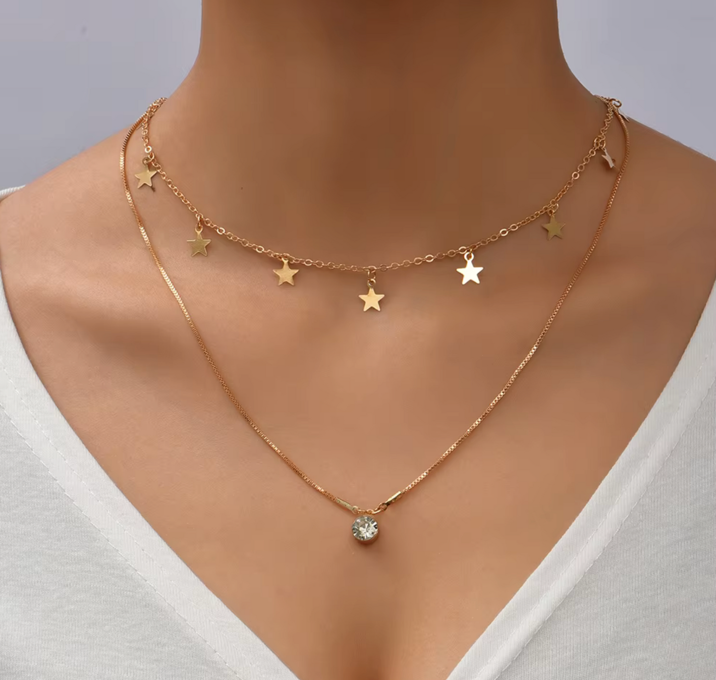 Goldtone Star Solitaire Crystal Layered Necklace