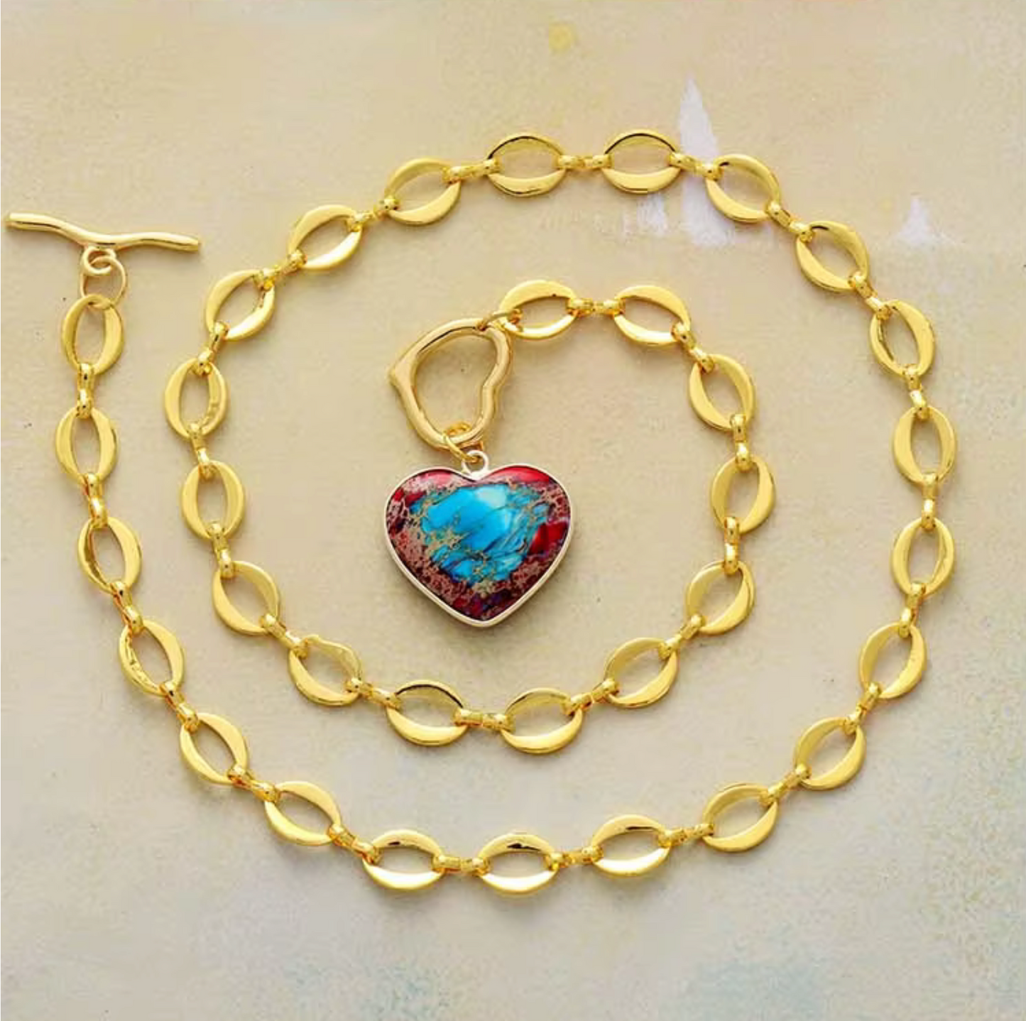 Goldtone Chain Link Jasper Stone Heart Pendant Necklace