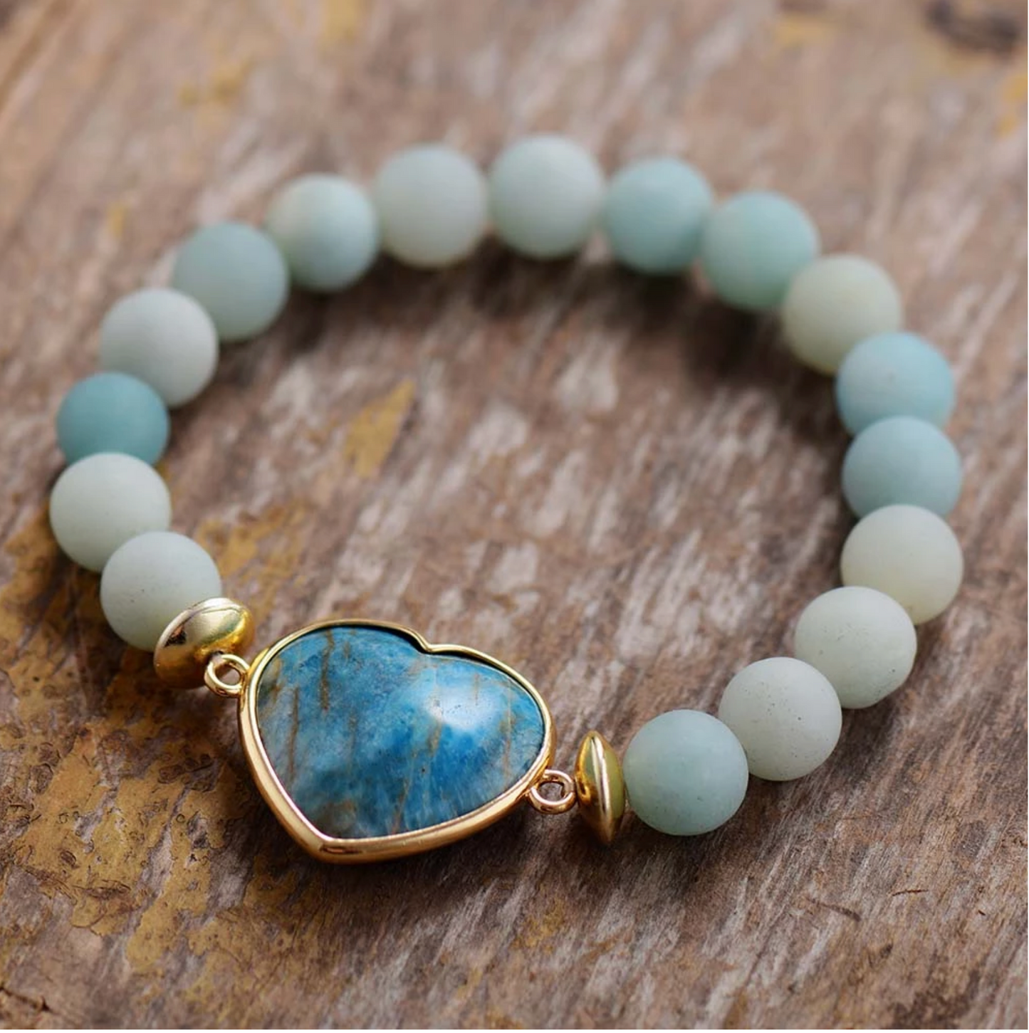 Green Blue Onyx And Apatite Stone Beaded Heart Bracelet