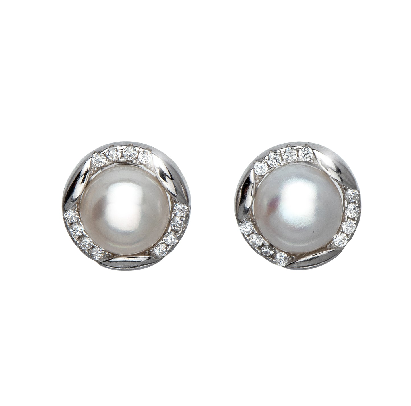 Sterling Silver & Cubic Zirconia Round Stud Earrings with Pearl