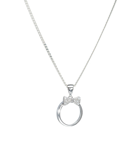 Cubic Zirconia & Sterling Silver Open Circle & Pave Bow Pendant Necklace