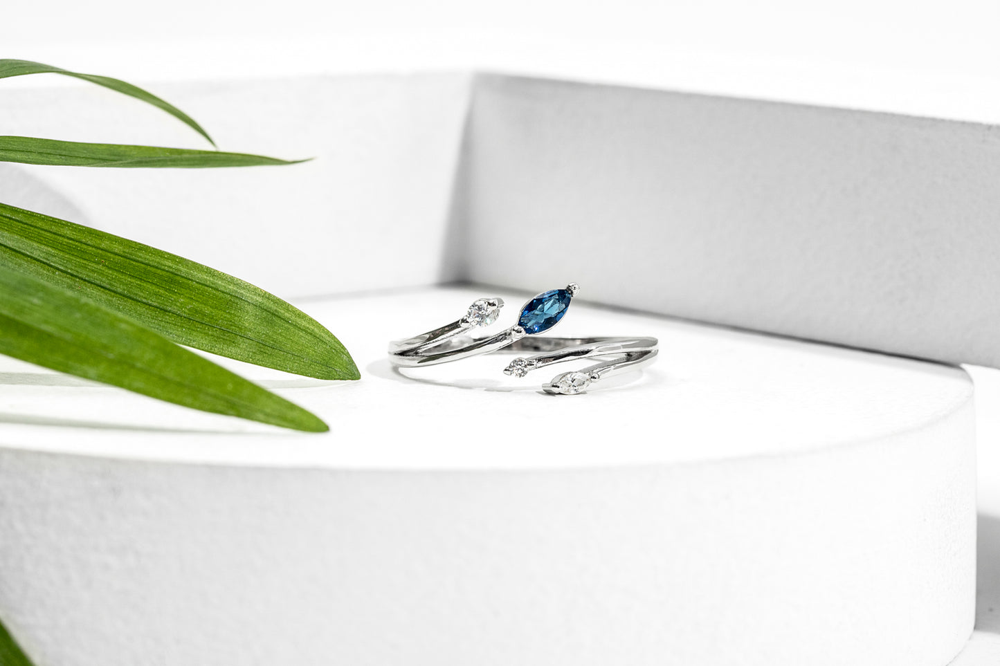 Blue Cubic Zirconia & Sterling Silver Branched Bypass Ring