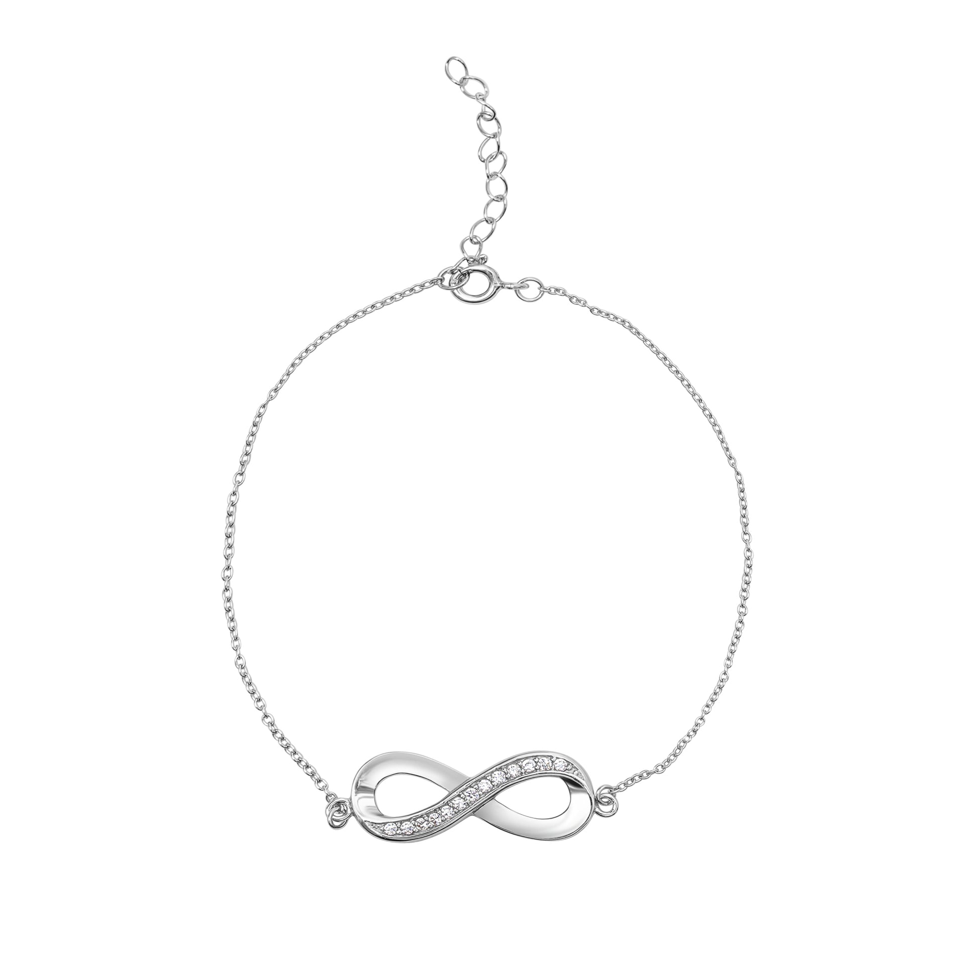 Sterling silver infinity bracelet with pavé clear cubic zirconia on an adjustable chain, minimalist women’s jewellery.