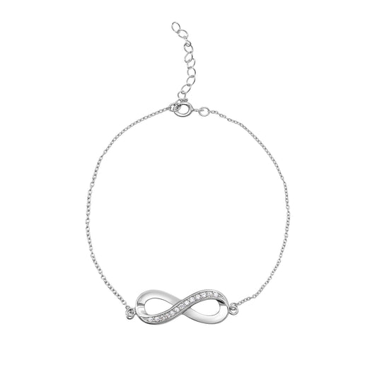 Sterling silver infinity bracelet with pavé clear cubic zirconia on an adjustable chain, minimalist women’s jewellery.