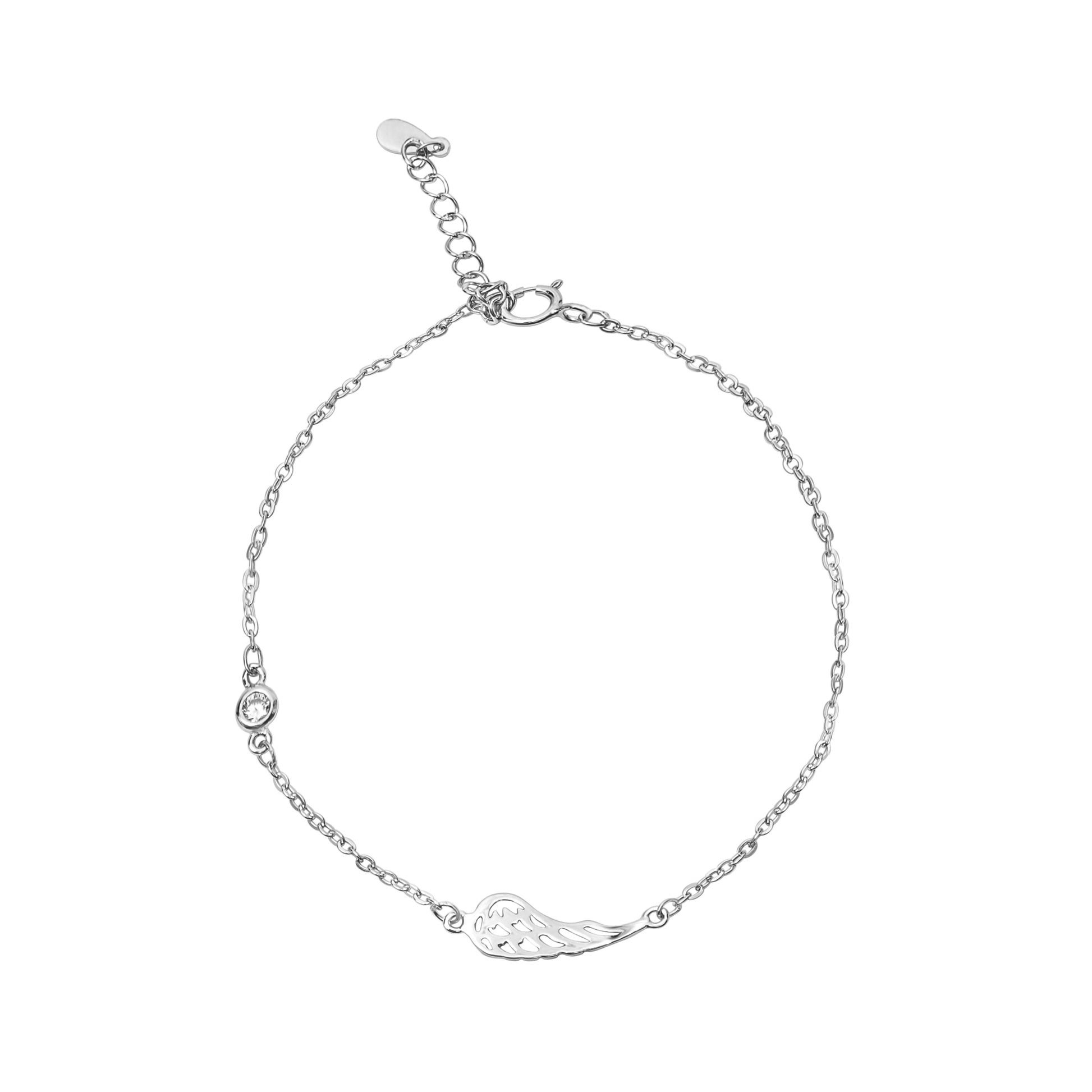 sterling silver wing bracelet with bezel-set cubic zirconia station on an adjustable rhodium-plated chain