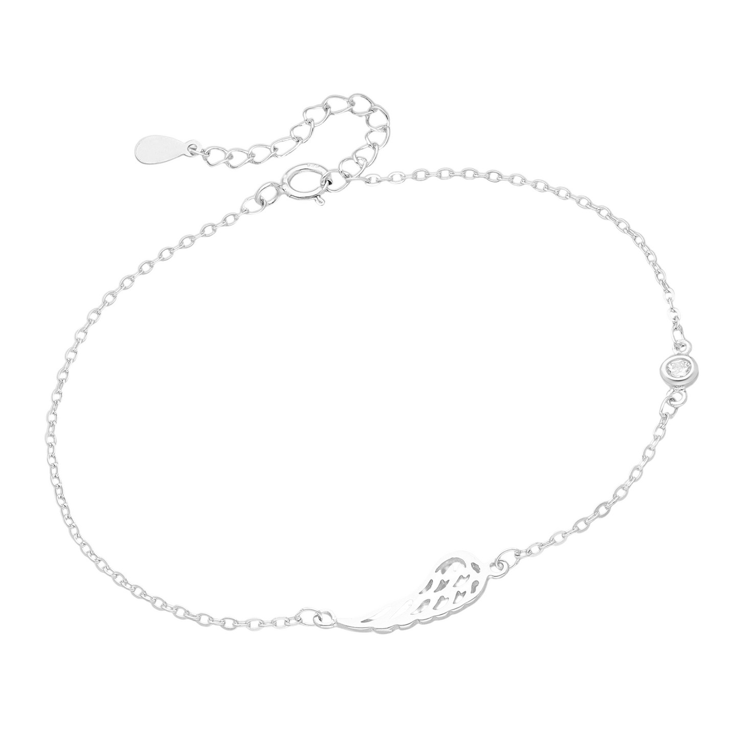 sterling silver wing bracelet with bezel-set cubic zirconia station on an adjustable rhodium-plated chain