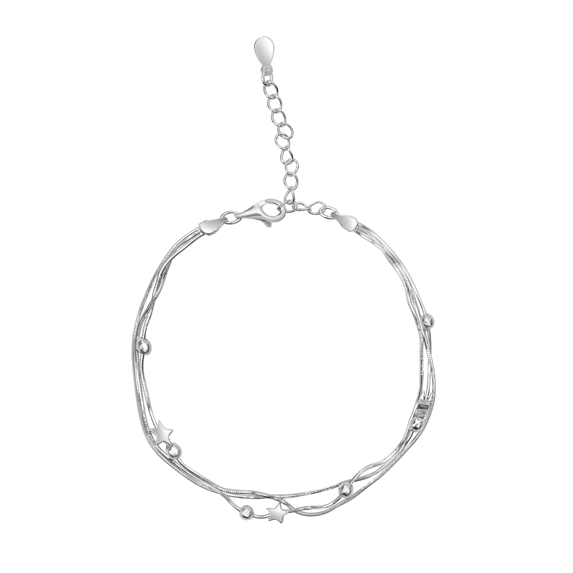 Sterling silver multi-strand bracelet with star and bead charms and an adjustable extender chain, minimalist women’s jewellery.