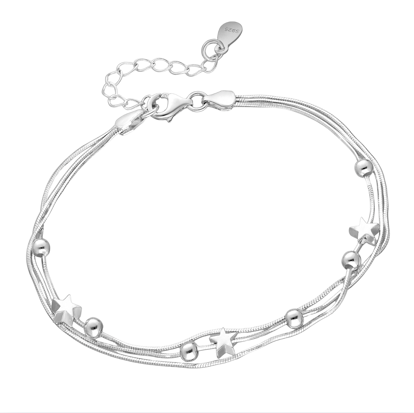 Silver bracelet with multiple chains and star-shaped charms on a white background