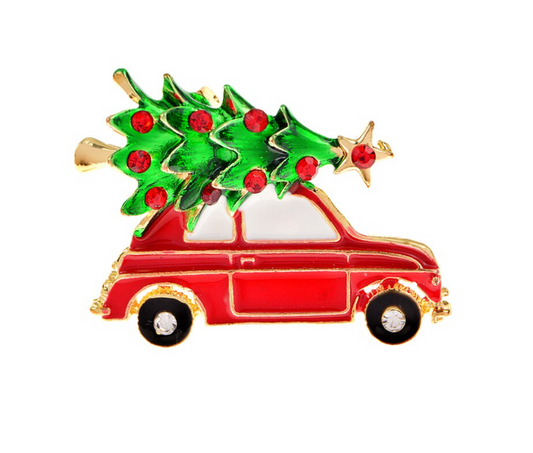 Red Car Christmas Tree Brooch