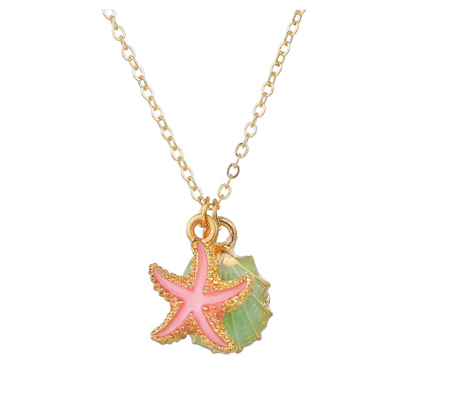 Goldtone Pink Starfish & Green Sea Shell Pendant Necklace