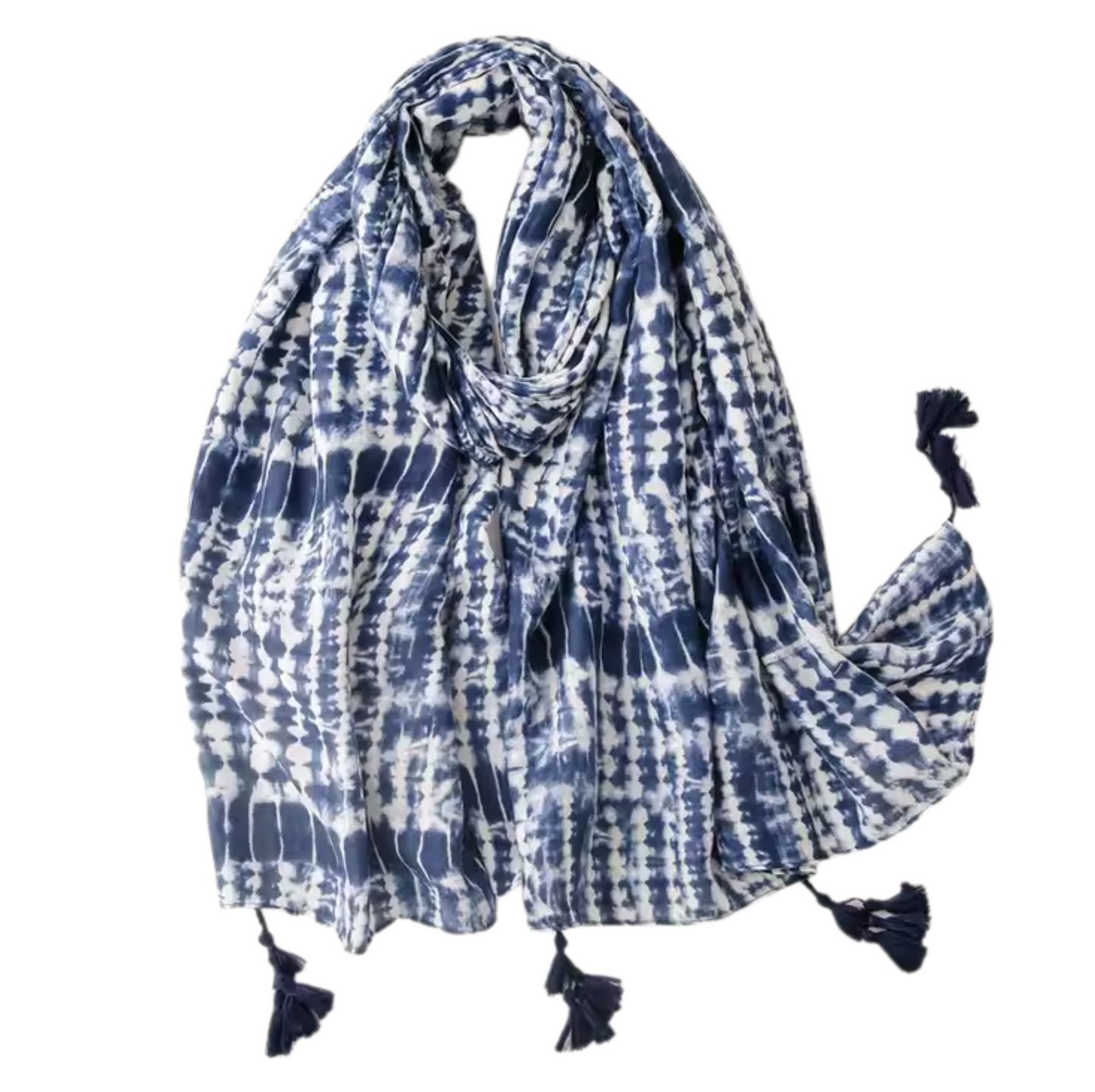 Indigo Tie-Dye Tassel Scarf – Boho Chic Style