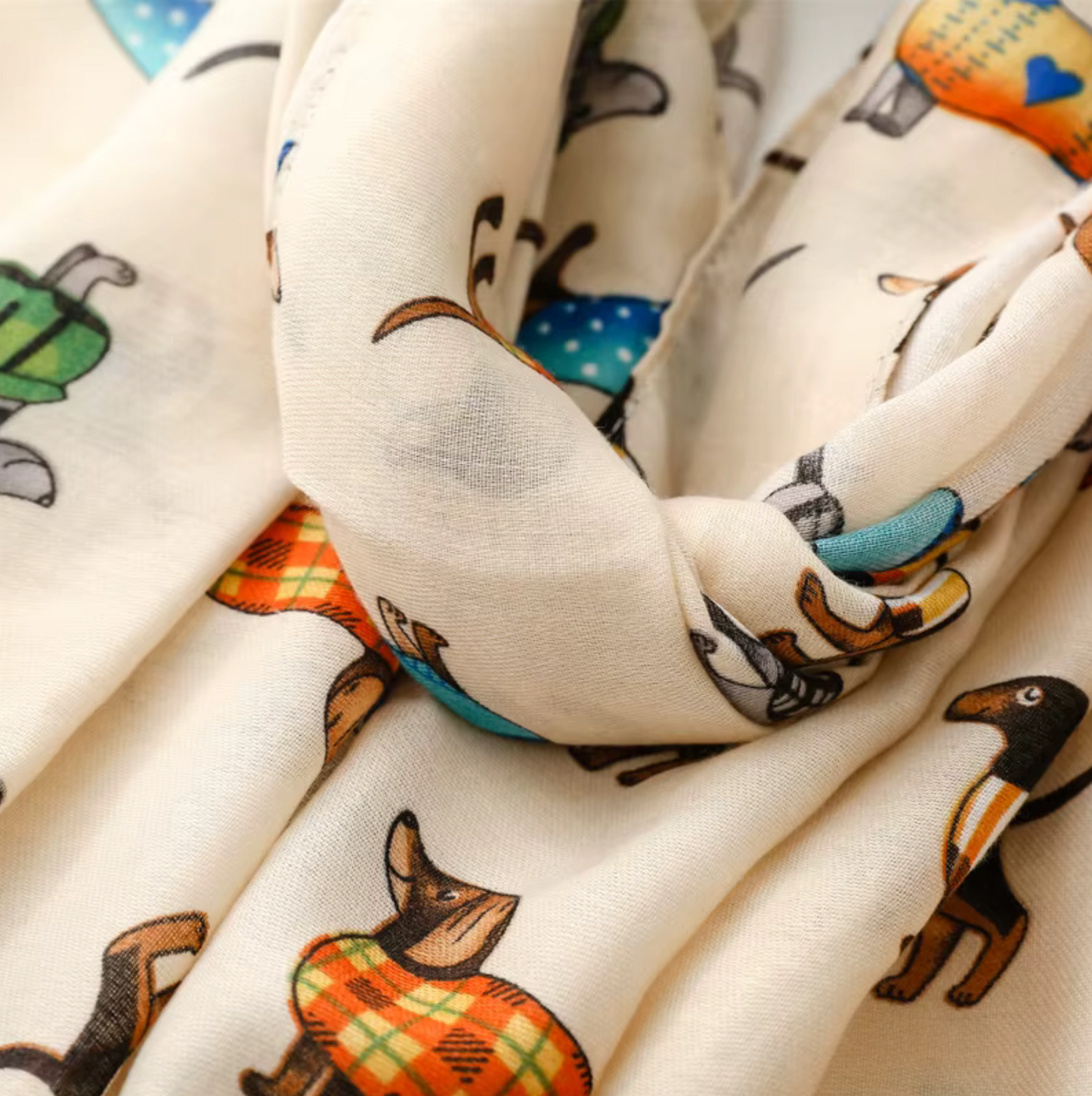 Playful and Adorable Dachshund Scarf in Beige