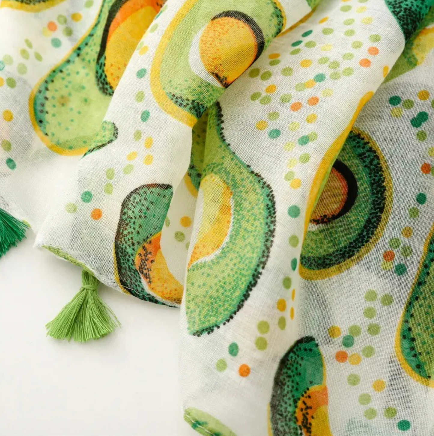 Vibrant Avocado Print Scarf with Tassels