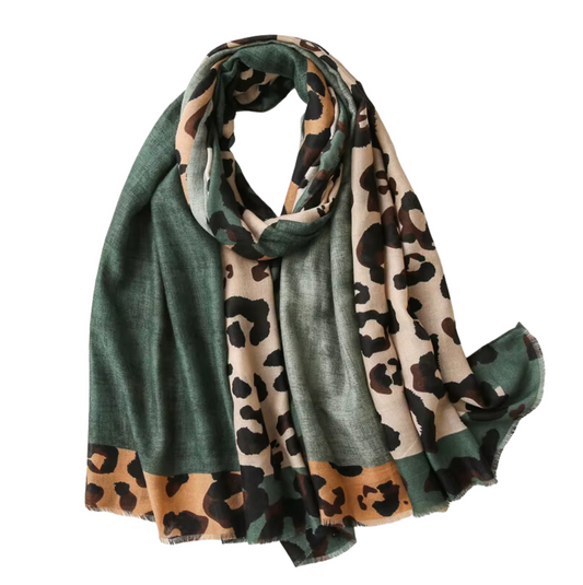 Bold Leopard Print Scarf in Earthy Green and Tan