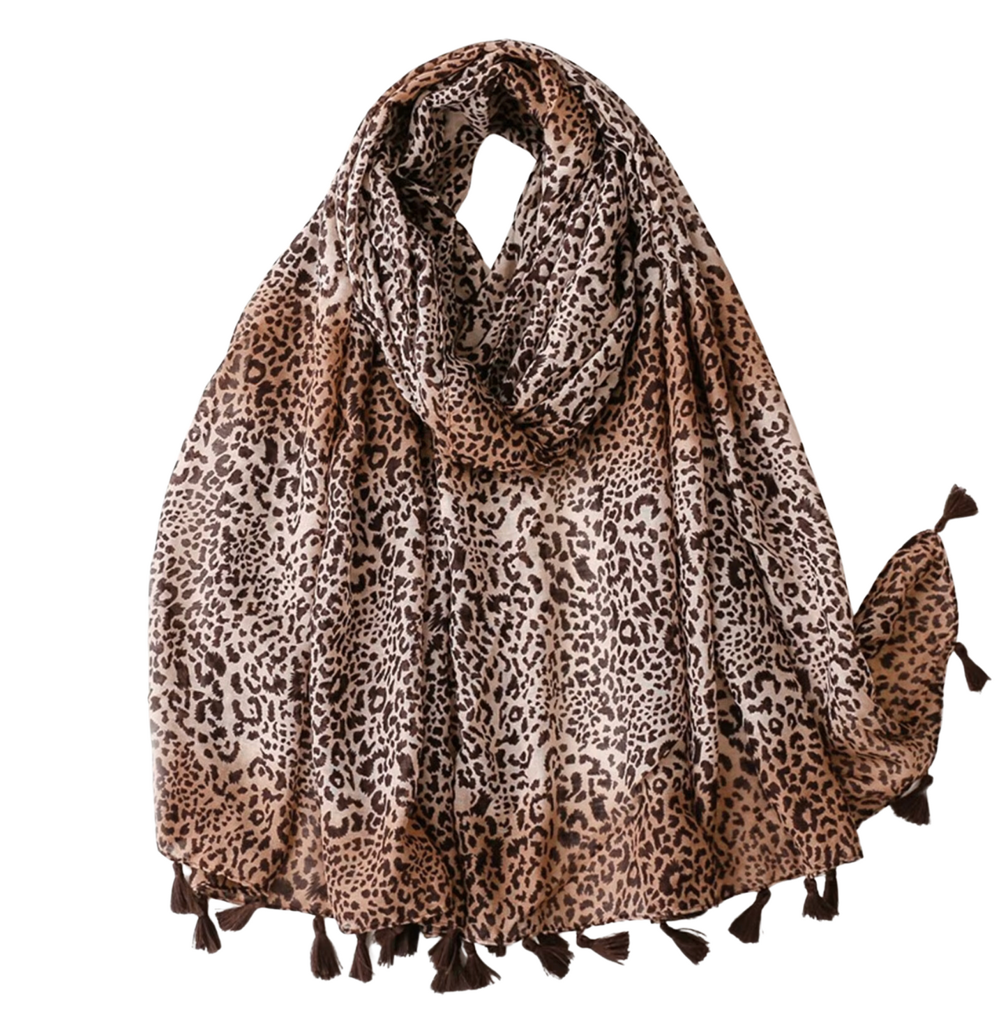 Classic Leopard Print Scarf with Tassels in Warm Tan and Brown