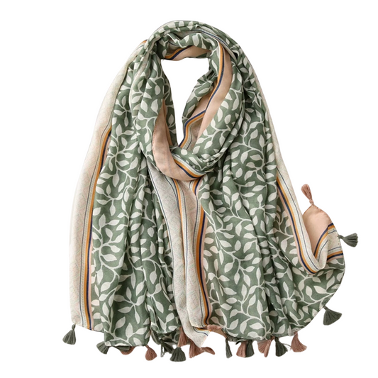 Beautiful Nature Inspired Leafy Scarf with Tassels in Soft Greens