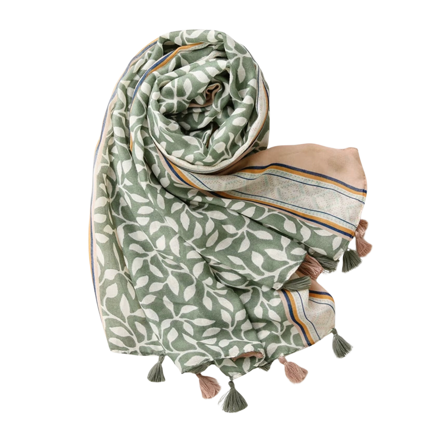 Beautiful Nature Inspired Leafy Scarf with Tassels in Soft Greens