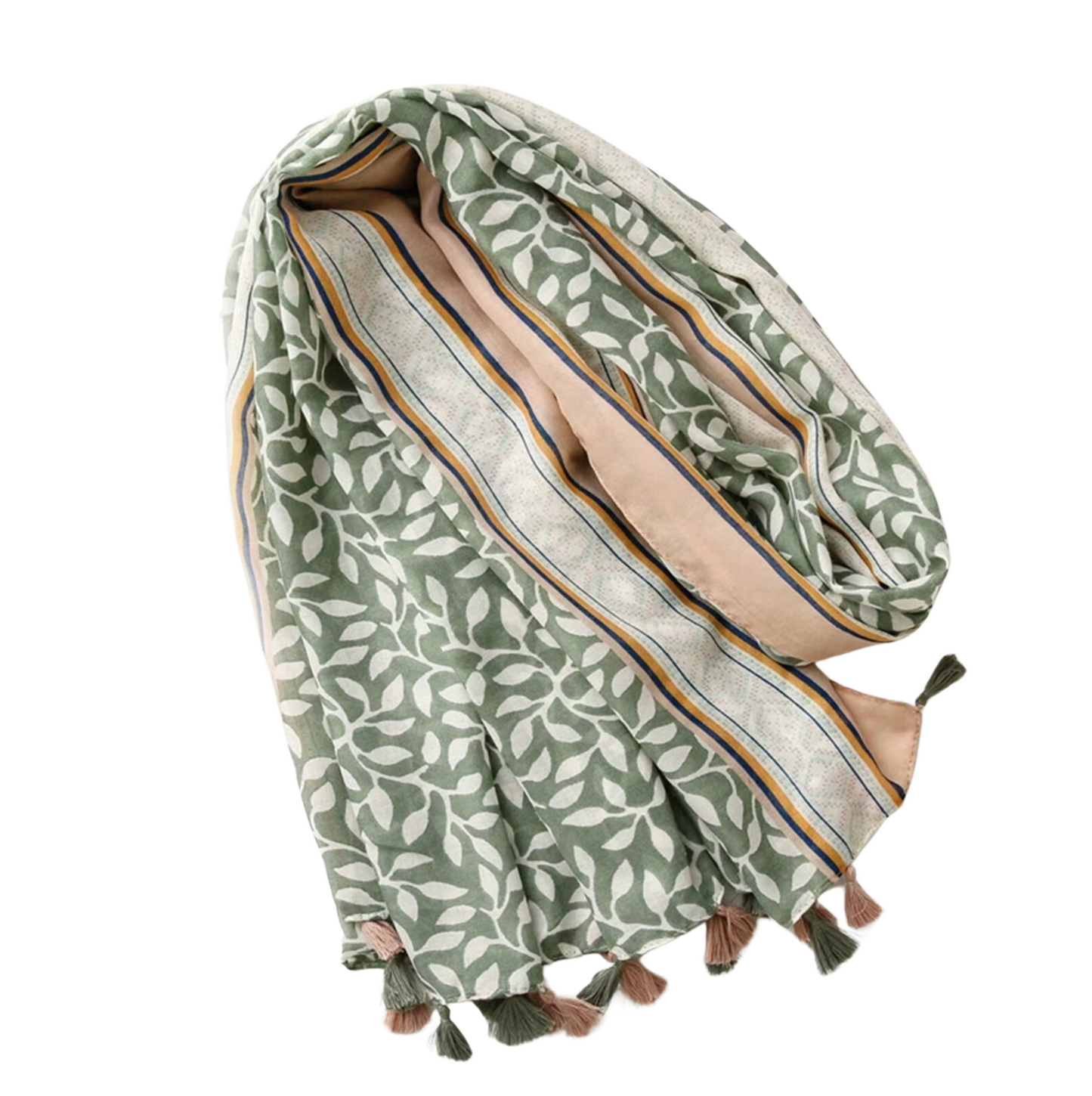 Beautiful Nature Inspired Leafy Scarf with Tassels in Soft Greens