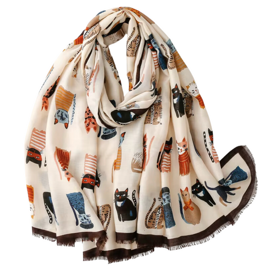 Whimsical Scarf with Adorable Cat Motif in Earthy and Neutral Tones
