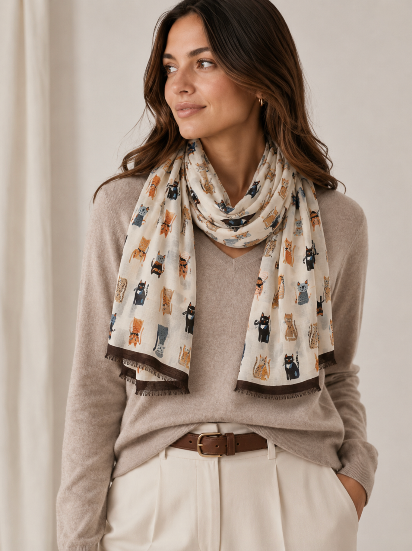 Whimsical Scarf with Adorable Cat Motif in Earthy and Neutral Tones