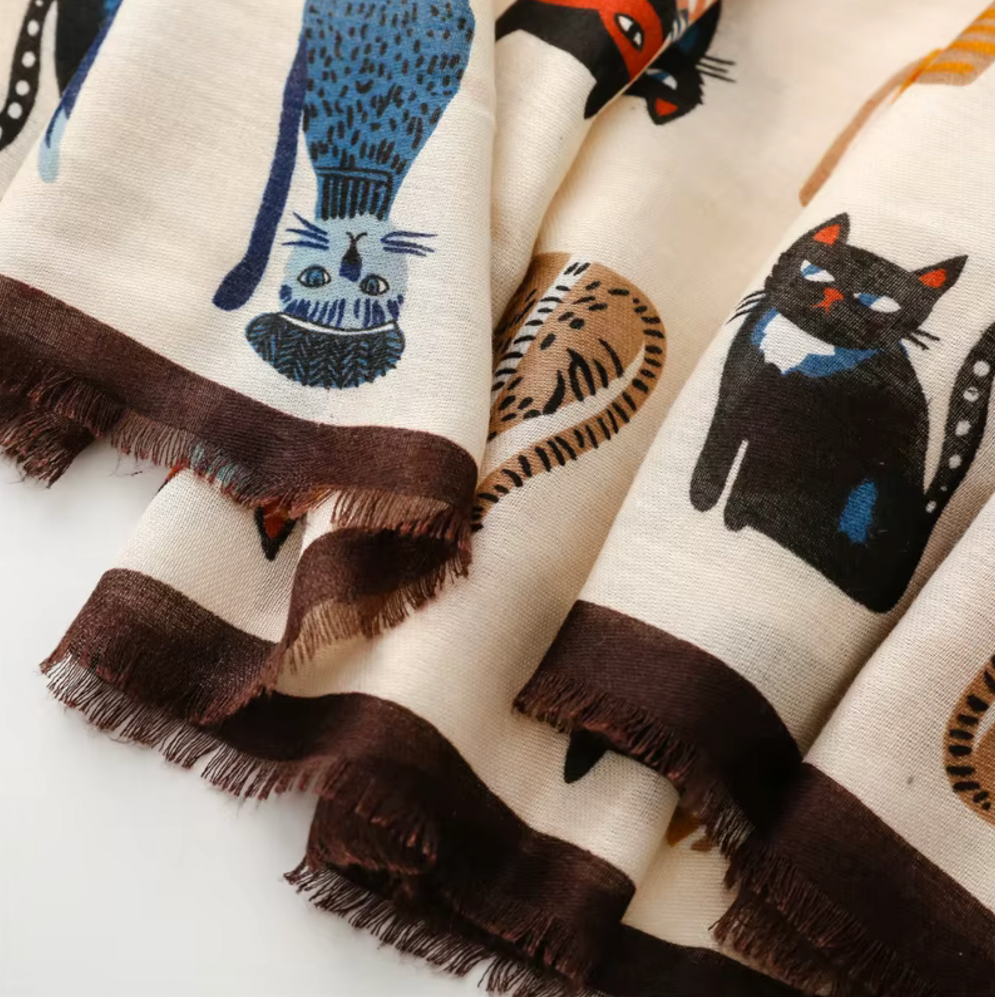 Whimsical Scarf with Adorable Cat Motif in Earthy and Neutral Tones
