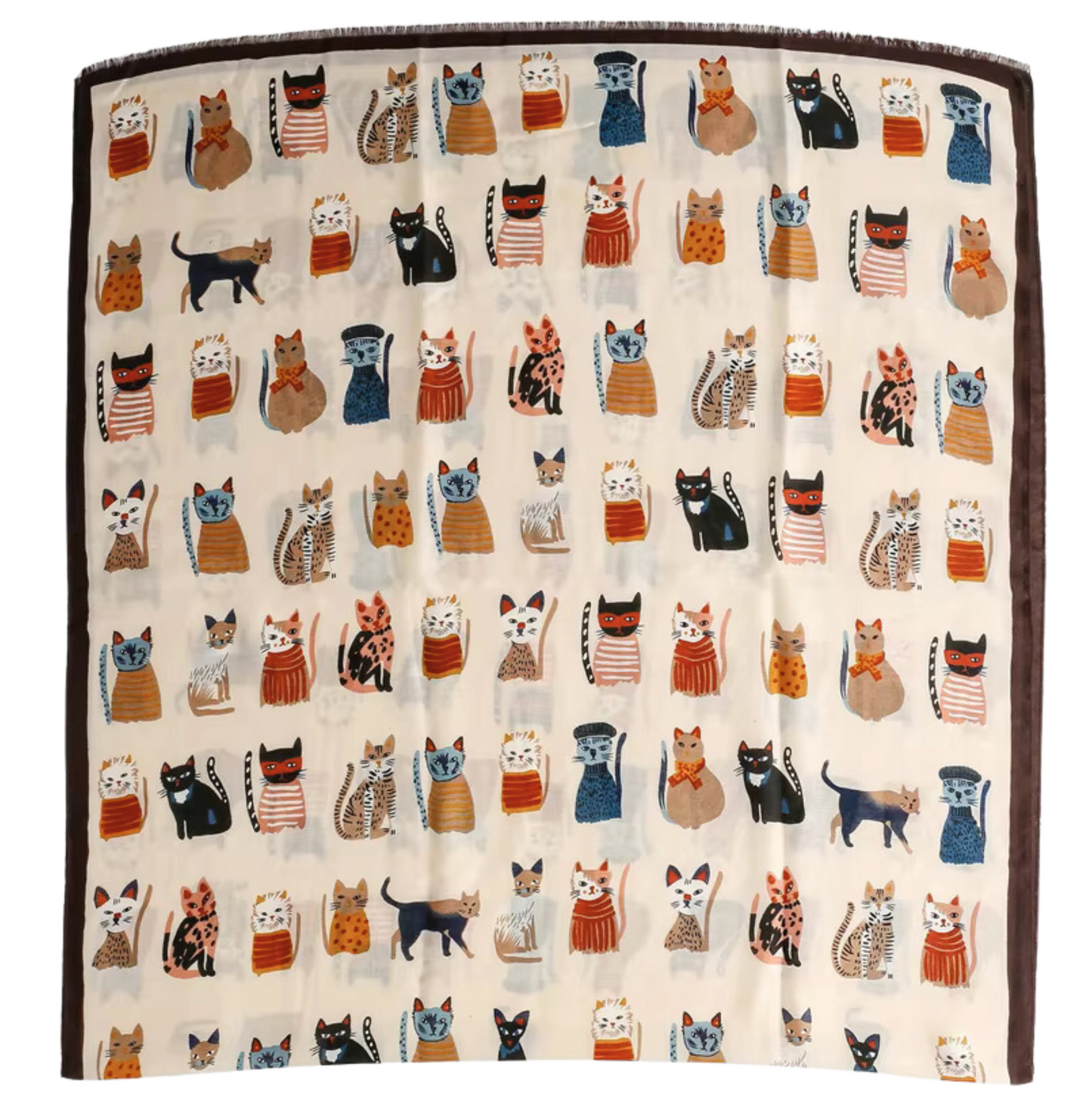 Whimsical Scarf with Adorable Cat Motif in Earthy and Neutral Tones