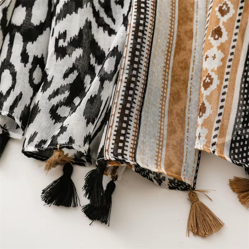 Bohemian Bold Print Tassel Scarf in Black and Beige