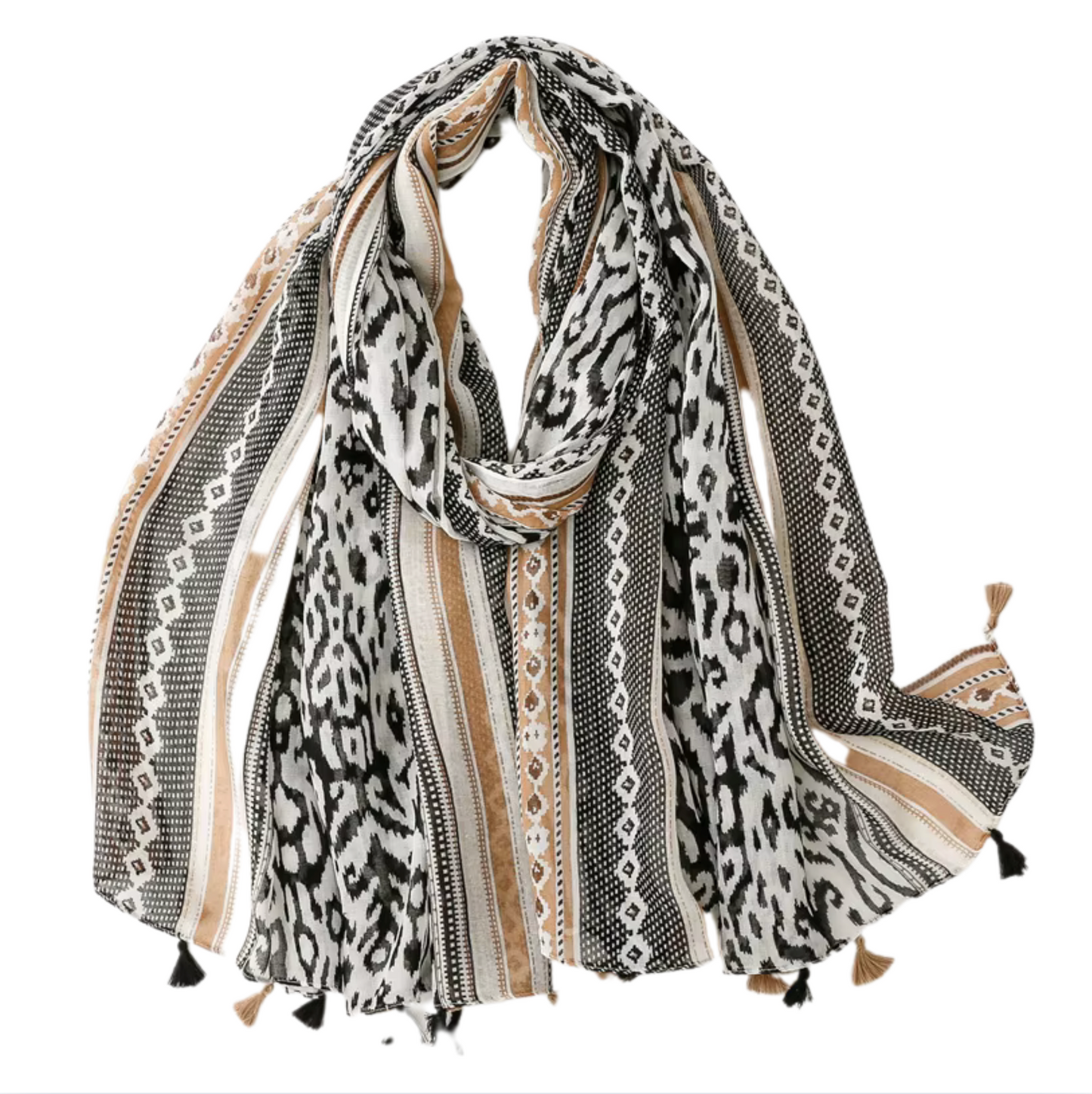 Bohemian Bold Print Tassel Scarf in Black and Beige