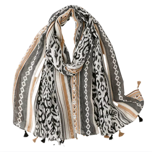 Bohemian Bold Print Tassel Scarf in Black and Beige