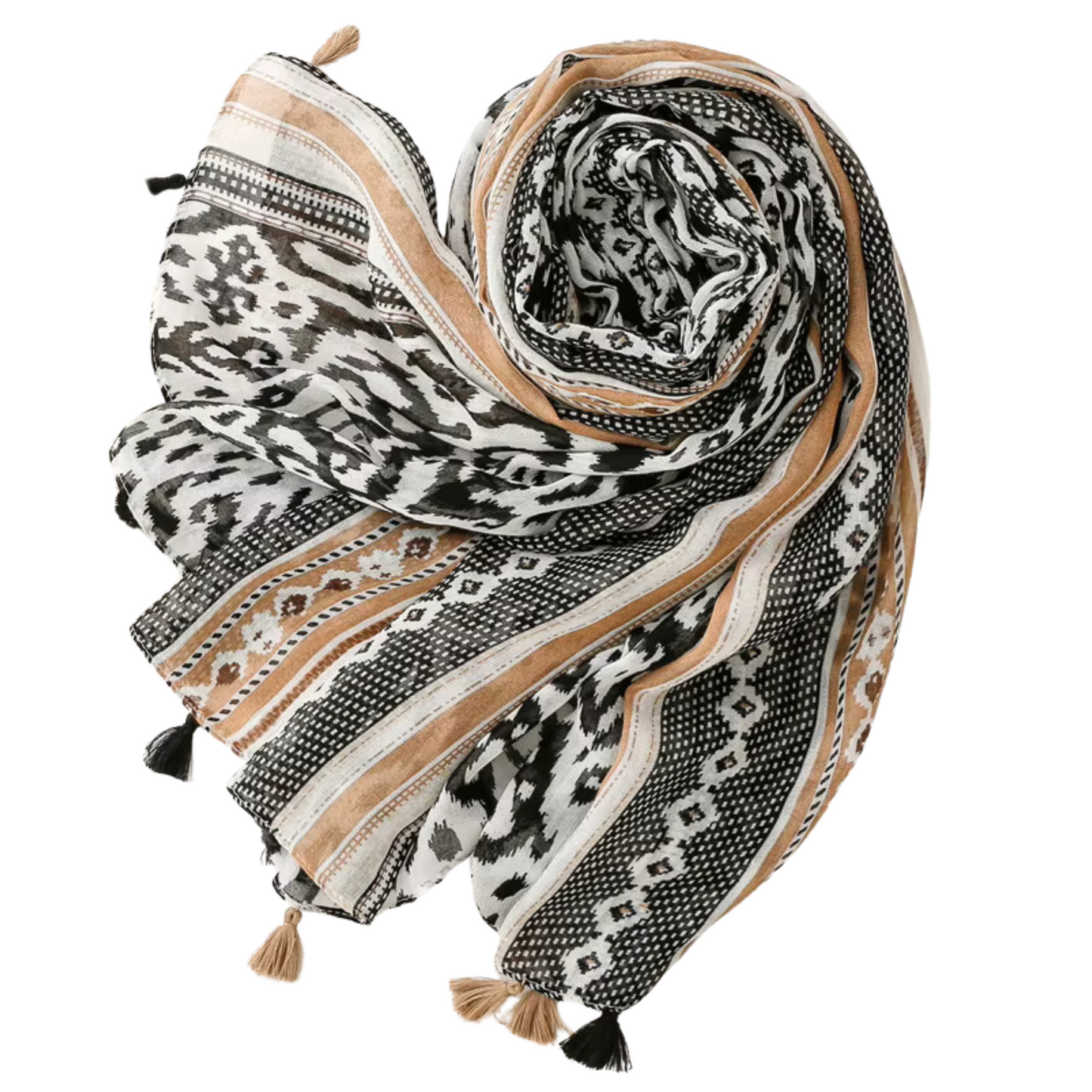 Bohemian Bold Print Tassel Scarf in Black and Beige