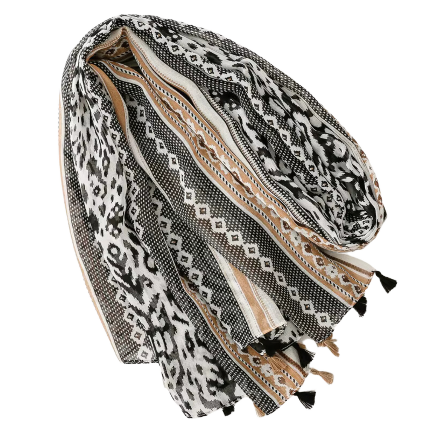 Bohemian Bold Print Tassel Scarf in Black and Beige