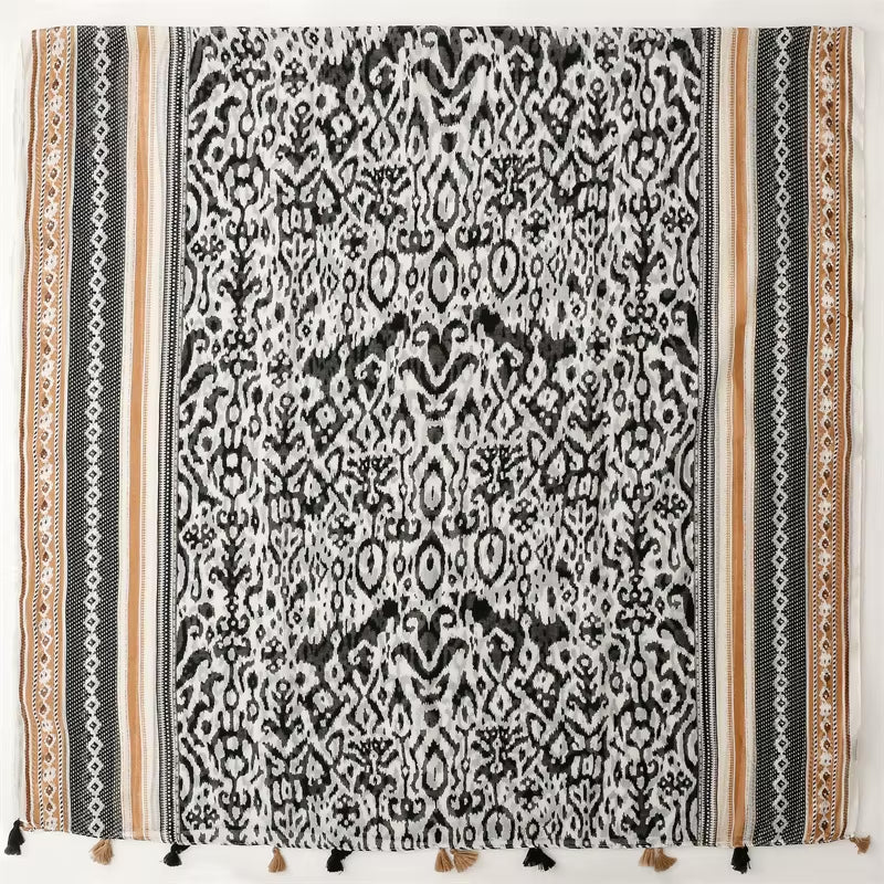 Bohemian Bold Print Tassel Scarf in Black and Beige