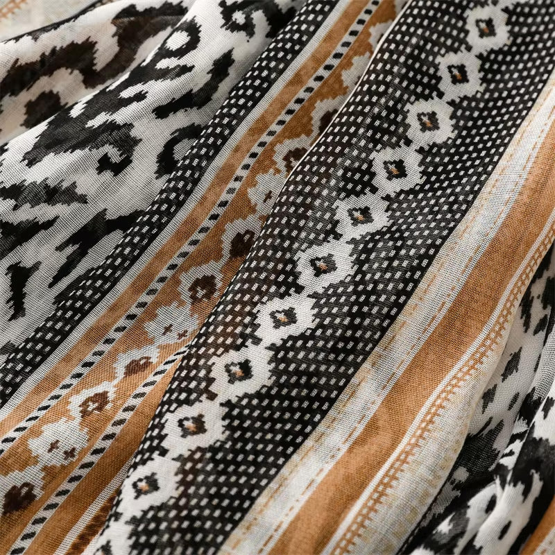 Bohemian Bold Print Tassel Scarf in Black and Beige