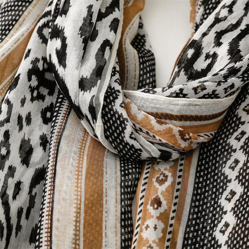 Bohemian Bold Print Tassel Scarf in Black and Beige