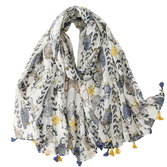Whimsical Owl Print Tassel Scarf