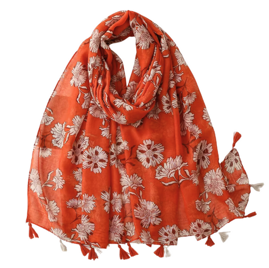 Vibrant Floral Print in Rust Orange with Tassels