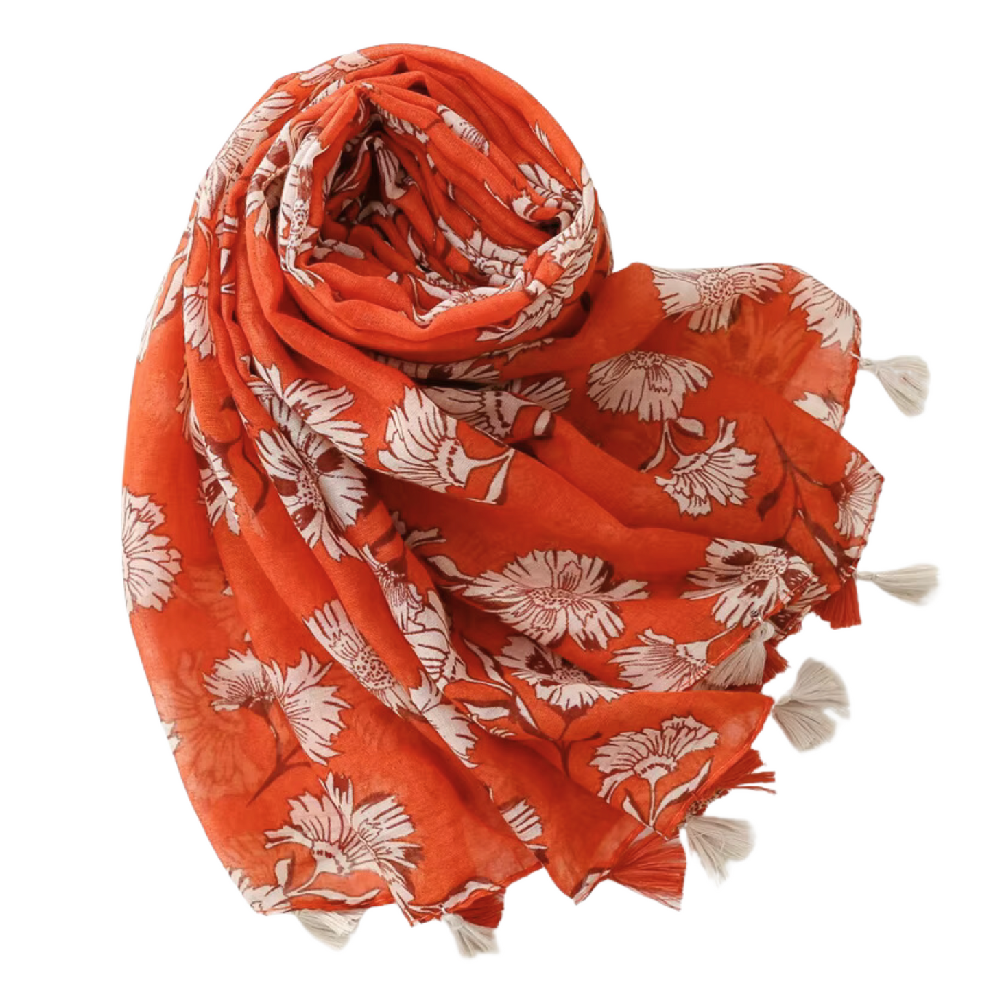 Vibrant Floral Print in Rust Orange with Tassels
