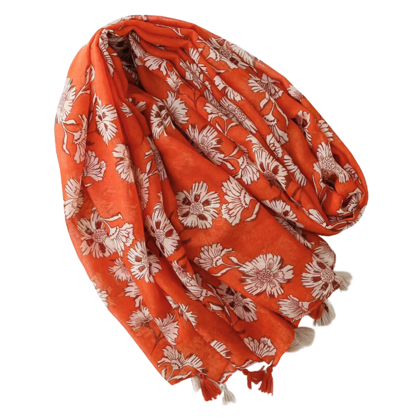 Vibrant Floral Print in Rust Orange with Tassels