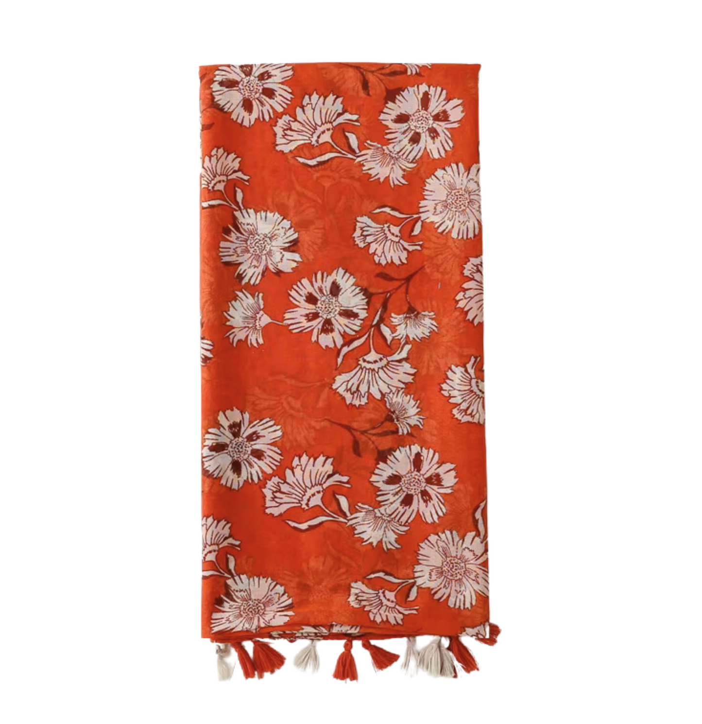 Vibrant Floral Print in Rust Orange with Tassels
