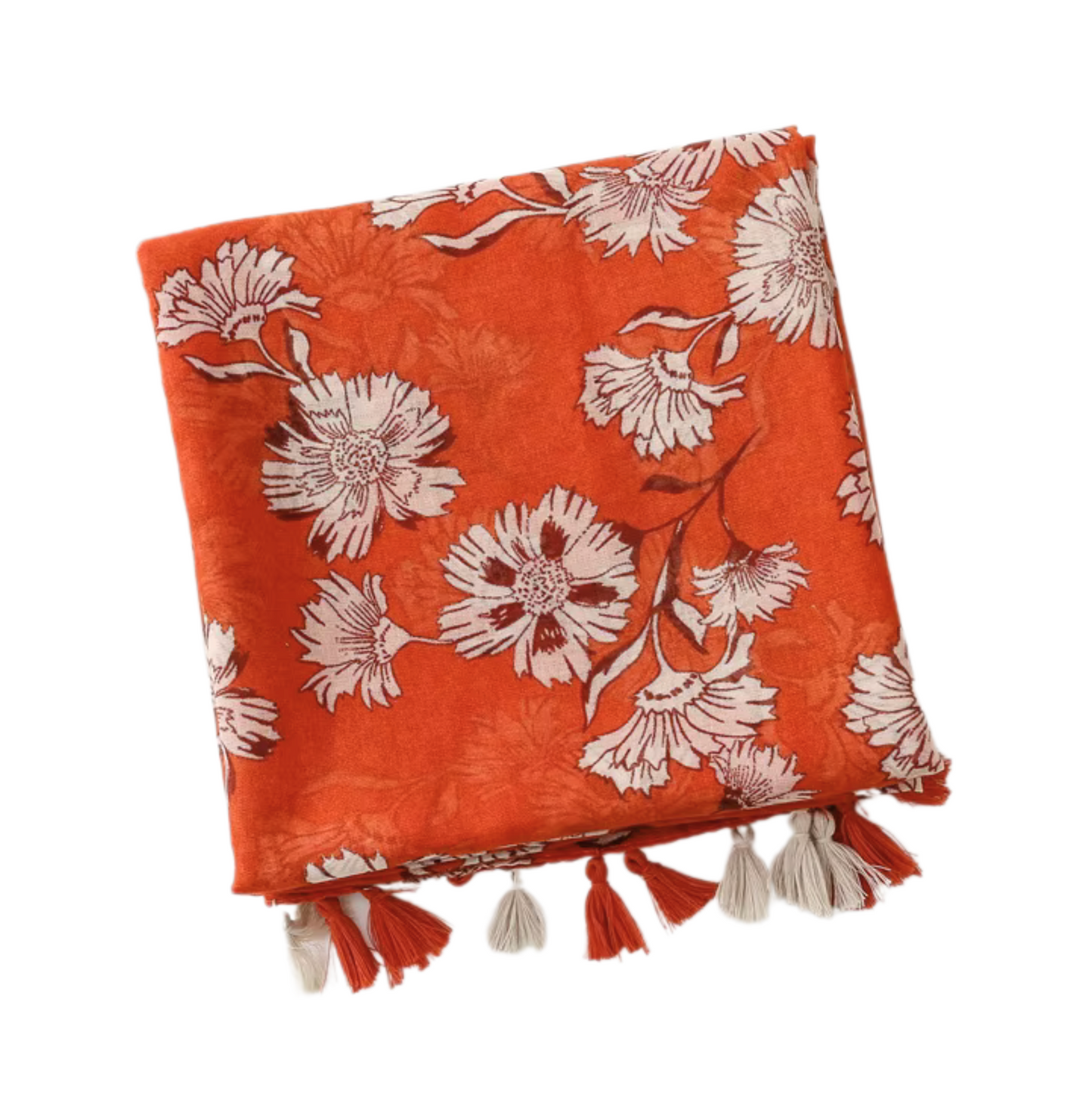 Vibrant Floral Print in Rust Orange with Tassels