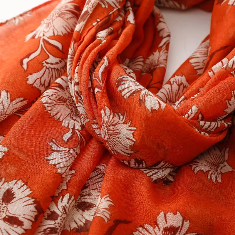 Vibrant Floral Print in Rust Orange with Tassels