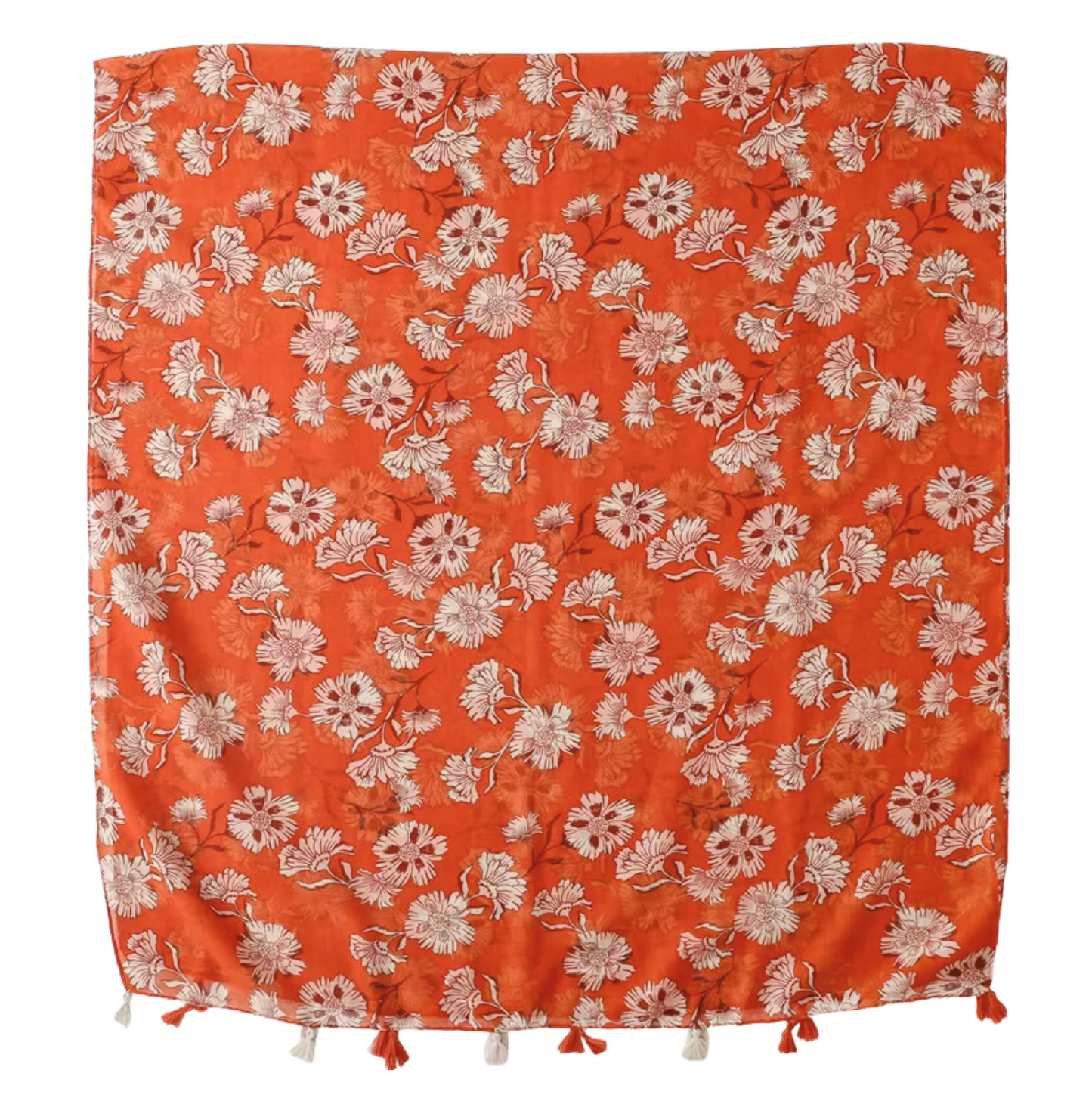 Vibrant Floral Print in Rust Orange with Tassels