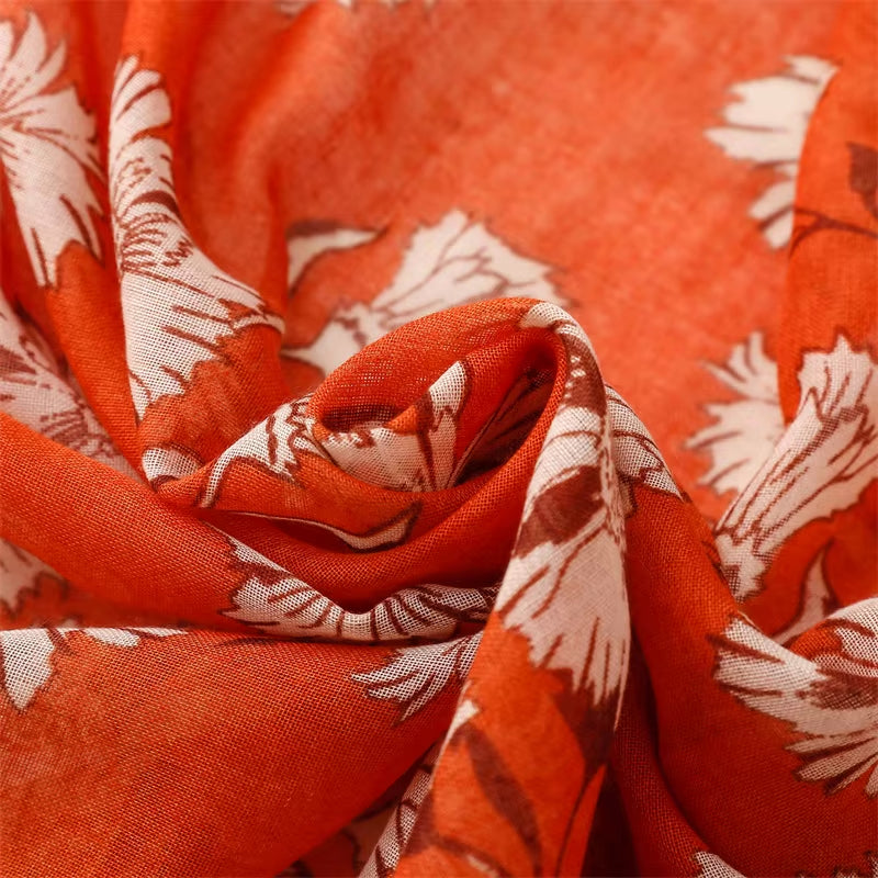 Vibrant Floral Print in Rust Orange with Tassels